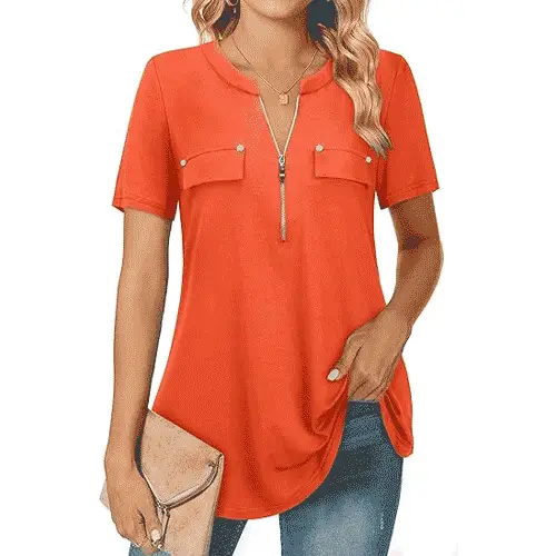 Bulotus-Women's-Zip-Front-V-Neck-Short-Sleeve