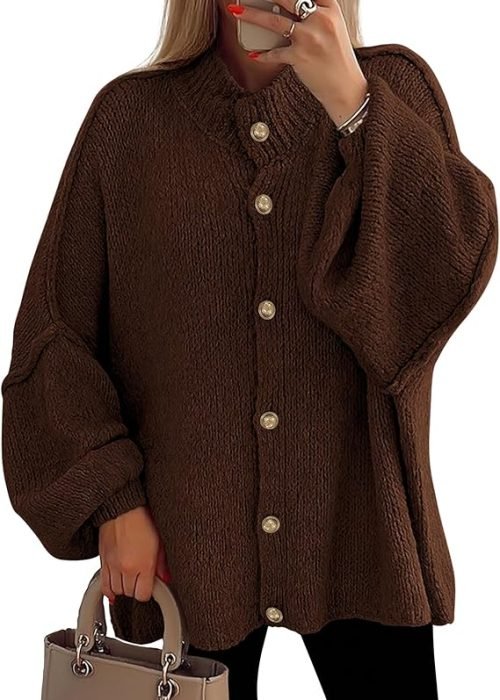Mock Neck Chunky Knit Cardigan Sweaters