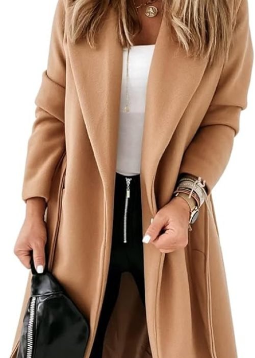 Women's Classic Coat Lapel Collar Open Front Belted Long Jacket